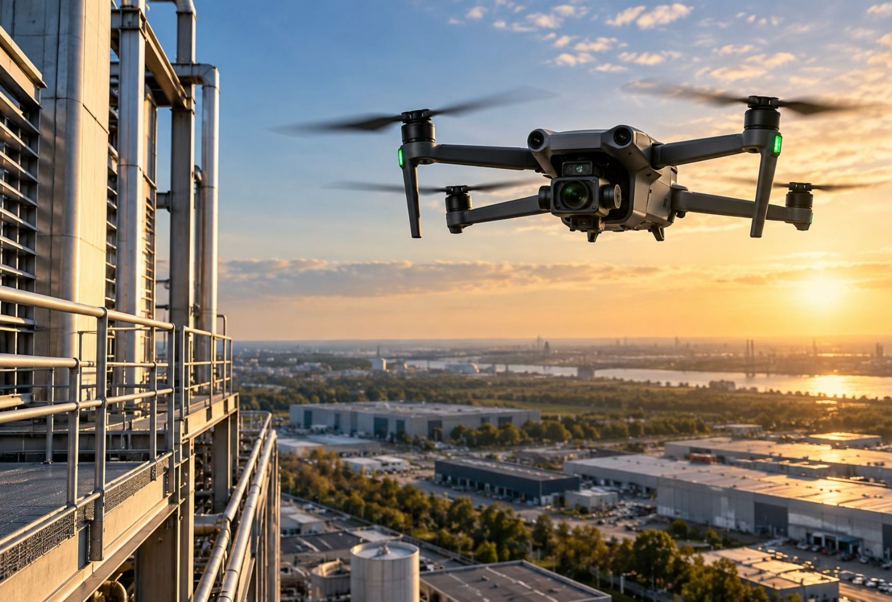 Inspection drone flying beside industrial infrastructure at sunset
